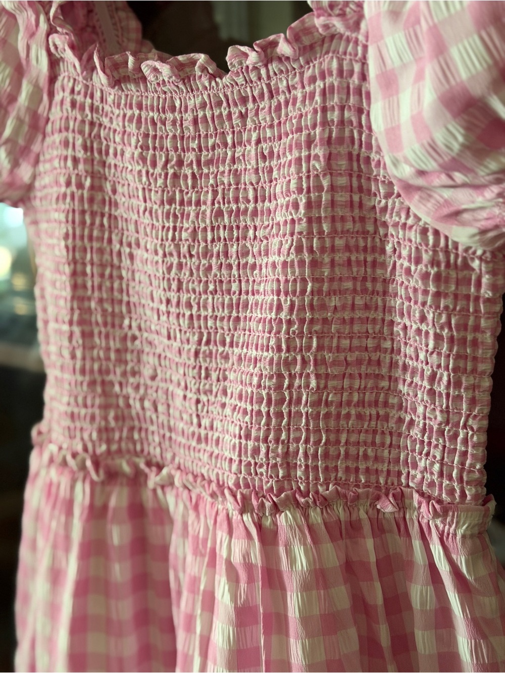 Pink Gingham Girls cottage core Maxi dress with ruffle - Picture 3 of 8